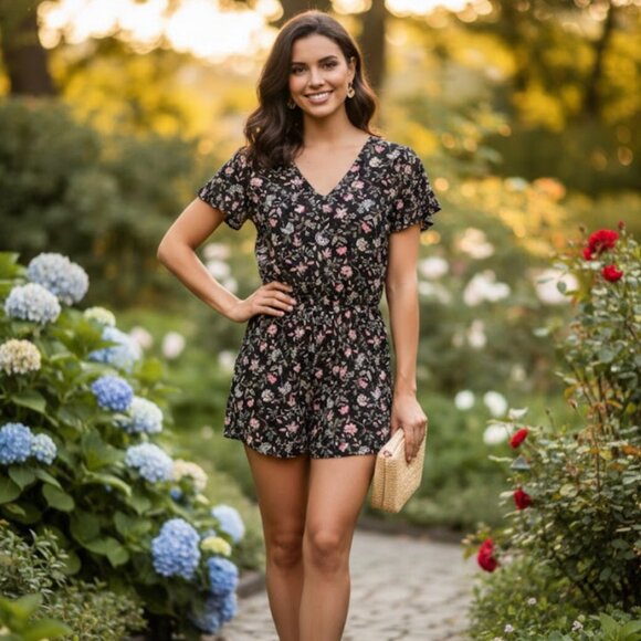 Old Navy Other - Old Navy Sz XS Black Floral Rayon Flutter Sleeve Open Back Romper w/ Pockets